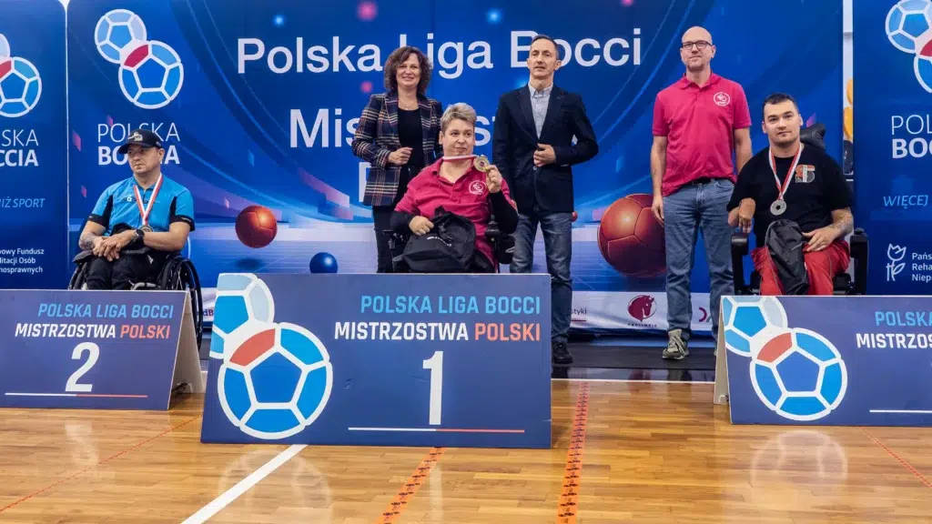 Podium kategorii BC2 Mistrzostw Polski w Bocci: 1. Marika Furtak START Zielona Góra, 2. Antoni Kołodenny START Bielsko-Biała, 3. Patryk Barszczyk START Lublin.