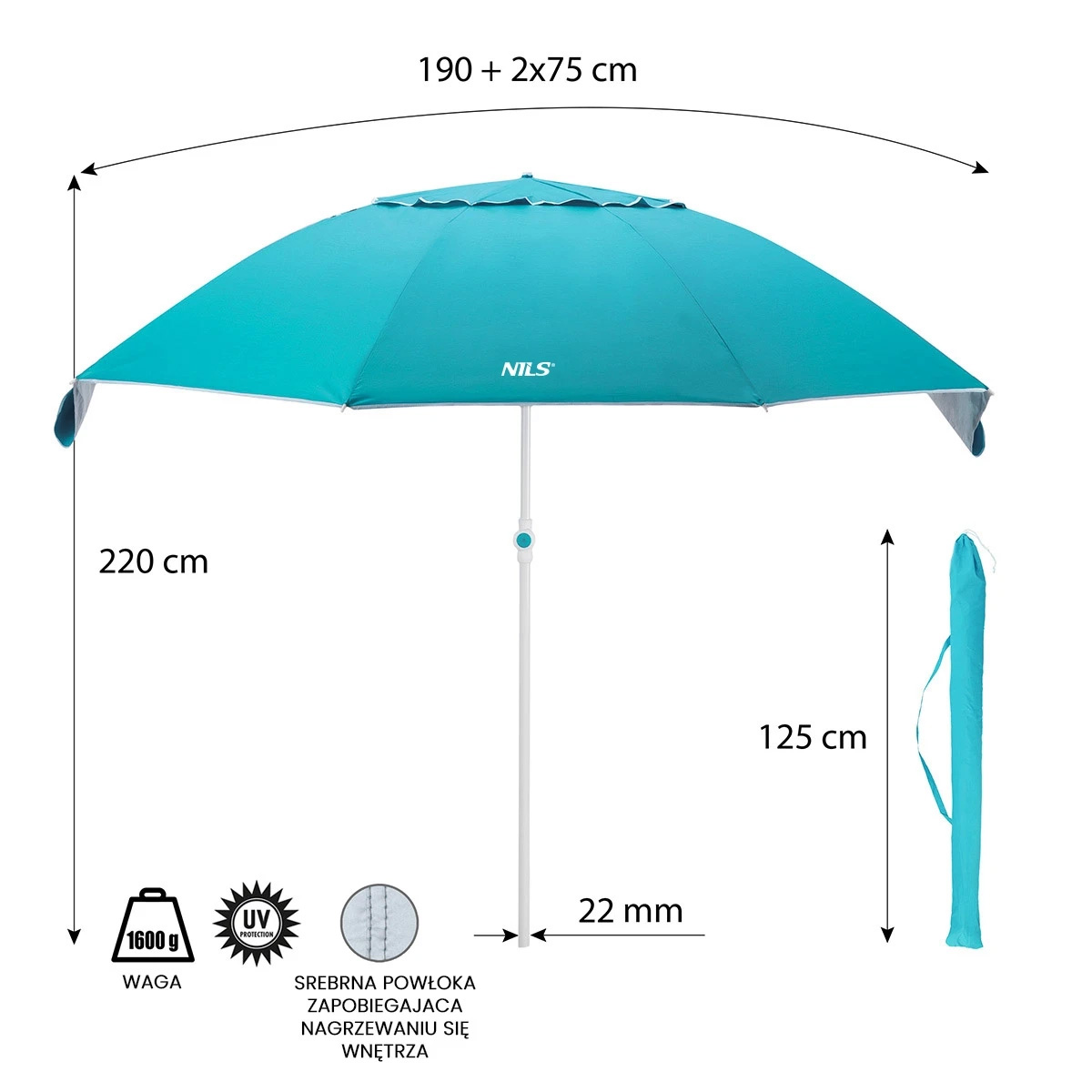 NC7822 TURKUSOWY PARASOL PLAŻOWY XL 220 CM NILS NC7822 TURKUSOWY PARASOL PLAŻOWY XL 220 CM NILS