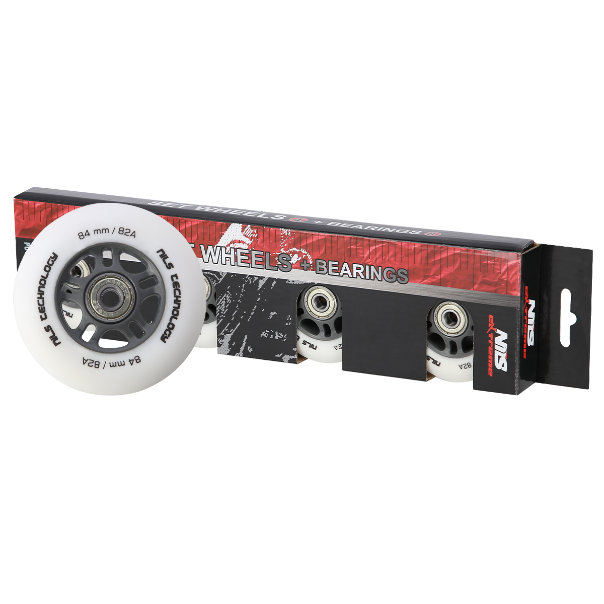 PU 84x24 82A BIAŁE MATOWE (4 szt.) + ABEC-9 CHROME (8 szt.) ZESTAW NILS EXTREME PU 84x24 82A BIAŁE MATOWE (4 szt.) + ABEC-9 CHROME (8 szt.) ZESTAW NILS EXTREME