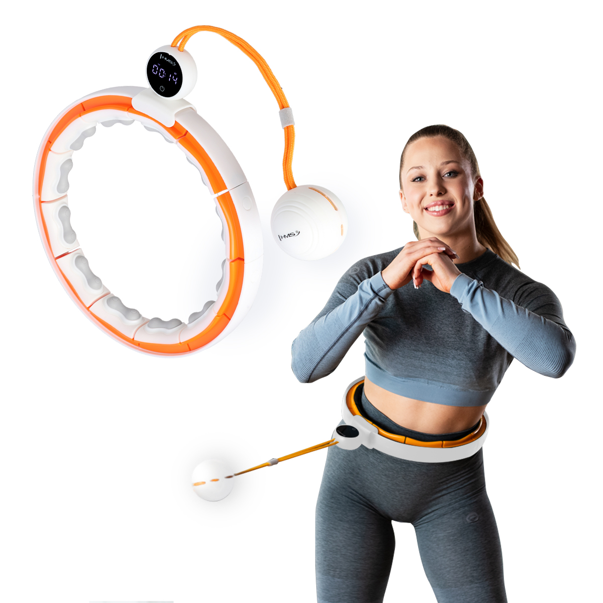 HHM21 HULA HOP WHITE/ORANGE Z MAGNESAMI, WYPUSTKAMI TPE I OBCIĄŻNIKIEM + LICZNIK HMS HHM21 HULA HOP WHITE/ORANGE Z MAGNESAMI, WYPUSTKAMI TPE I OBCIĄŻNIKIEM + LICZNIK HMS