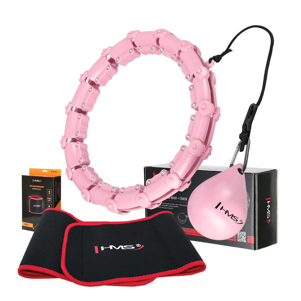 ZESTAW HULA HOP HHW01 PINK Z WYPUSTKAMI I OBCIĄŻNIKIEM HMS + PAS BR163 RED
