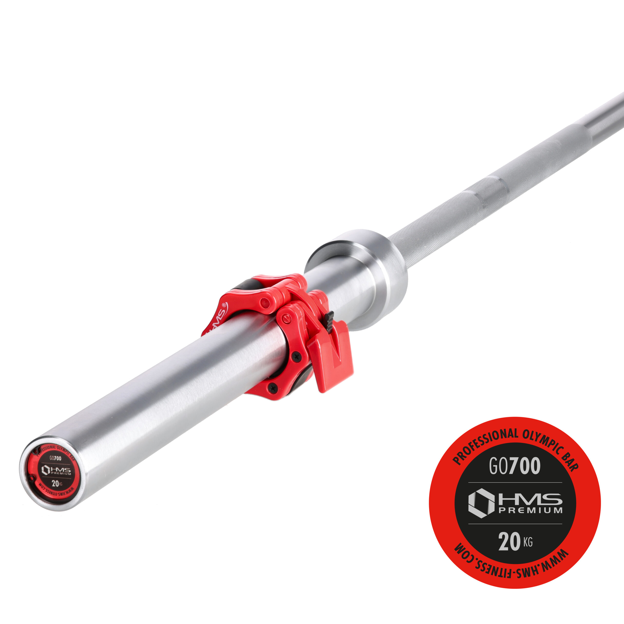 GO900 GRYF OLIMPIJSKI 20KG 2200MM HMS PREMIUM + ZG1500 SILVER ZACISKI LOCK JAW (2 szt)