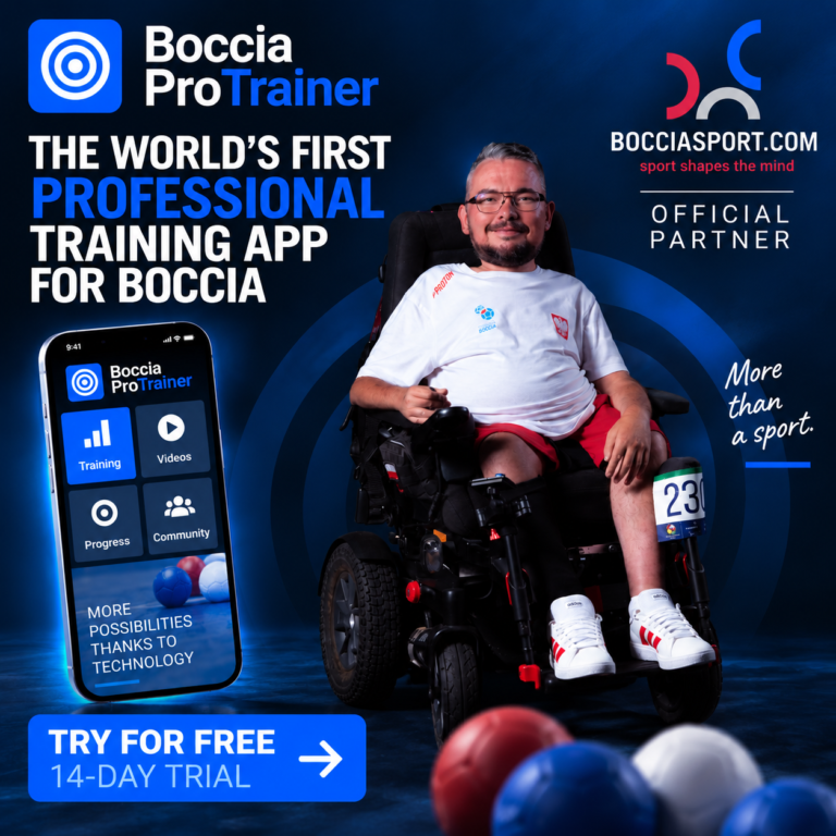 Boccia ProTrainer — pierwsza na świecie profesjonalna aplikacja do treningu bocci, z zawodnikiem Jarosławem Plewą i logo BocciaSport.com jako oficjalnego partnera