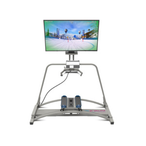 Symulator SKI FIT 360 z monitorem na maszcie wyświetlającym wirtualną trasę narciarską