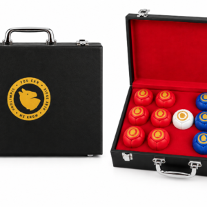 Mini boccia MicroScale Kit – walizka zamknięta i otwarta z kompletem bil