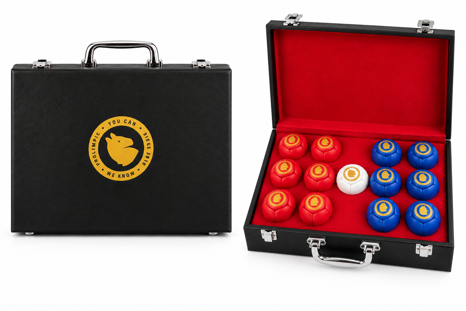 Mini boccia MicroScale Kit – walizka zamknięta i otwarta z kompletem bil