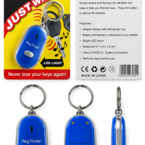 Key Finder – niebieski brelok lokalizator kluczy na gwizdek z latarką LED, w opakowaniu i bez