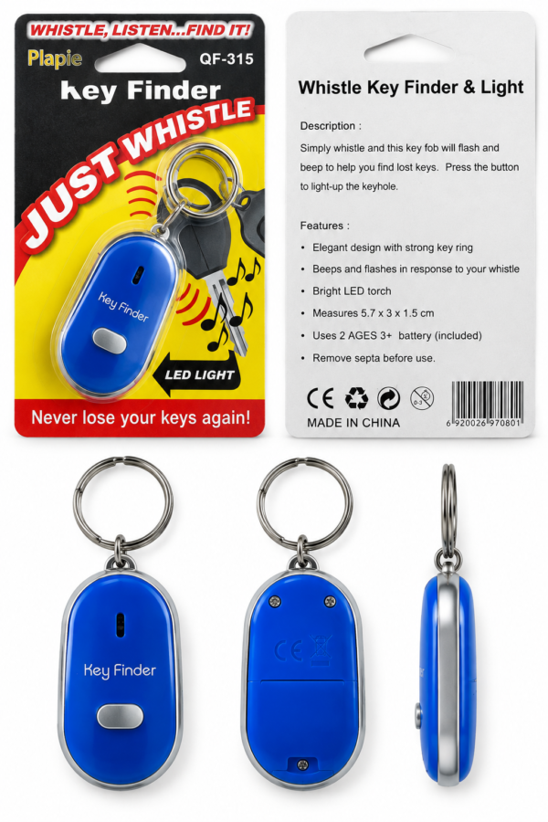 Key Finder – lokalizator kluczy na gwizdek Key Finder – niebieski brelok lokalizator kluczy na gwizdek z latarką LED, w opakowaniu i bez