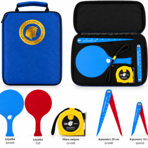 Zestaw sędziego do boccii Prolimpic zgodny z zasadami World Boccia – niebieskie etui, paletka czerwono-niebieska, miara zwijana 3M i cyrkle 29 cm oraz 19 cm