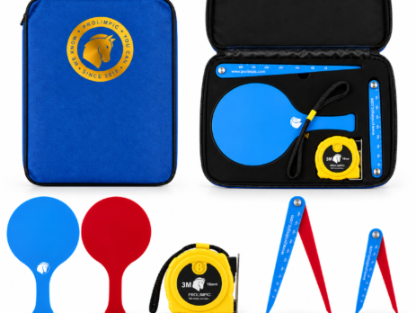 Zestaw sędziego do boccii Prolimpic zgodny z zasadami World Boccia – niebieskie etui, paletka czerwono-niebieska, miara zwijana 3M i cyrkle 29 cm oraz 14 cm