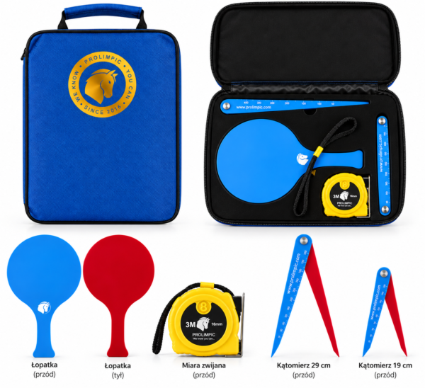 Zestaw sędziego do boccii Prolimpic zgodny z zasadami World Boccia – niebieskie etui, paletka czerwono-niebieska, miara zwijana 3M i cyrkle 29 cm oraz 19 cm