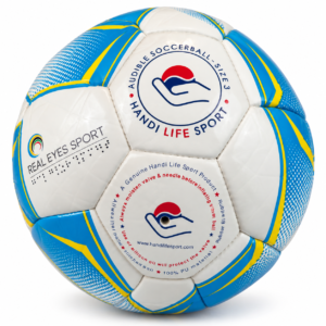 Dźwiękowa piłka nożna Handi Life Sport rozmiar 3 z logo Real Eyes Sport i napisem w alfabecie Braille'a