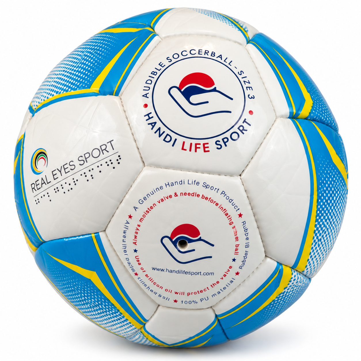 Dźwiękowa piłka nożna Handi Life Sport rozmiar 3 z logo Real Eyes Sport i napisem w alfabecie Braille'a