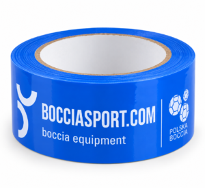 Błękitna taśma do boccii 50 mm x 60 m z nadrukiem BOCCIASPORT.COM