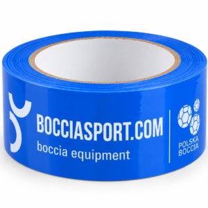 Błękitna taśma do boccii 50 mm x 60 m z nadrukiem BOCCIASPORT.COM