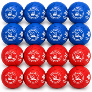 Bile do boccii Dream Balls ze skóry owczej z licencją World Boccia – czerwone i niebieskie, białe logo Dream
