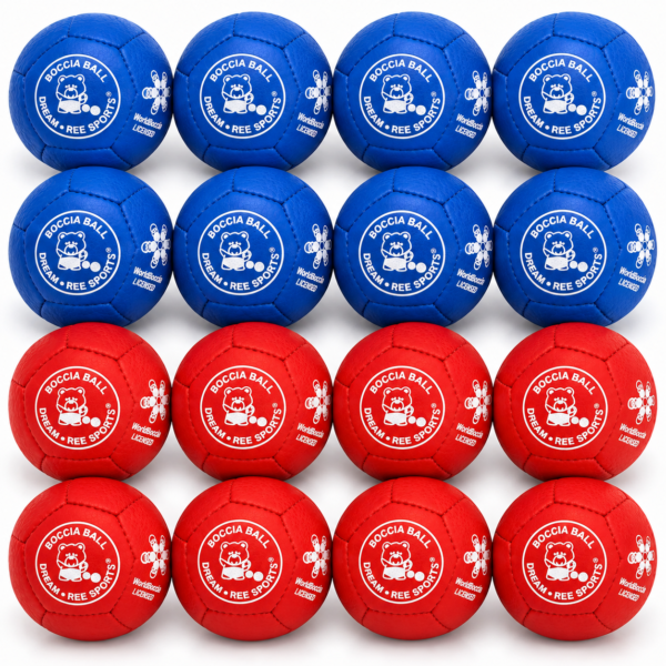 Bile do boccii Dream Balls ze skóry owczej z licencją World Boccia – czerwone i niebieskie, białe logo Dream