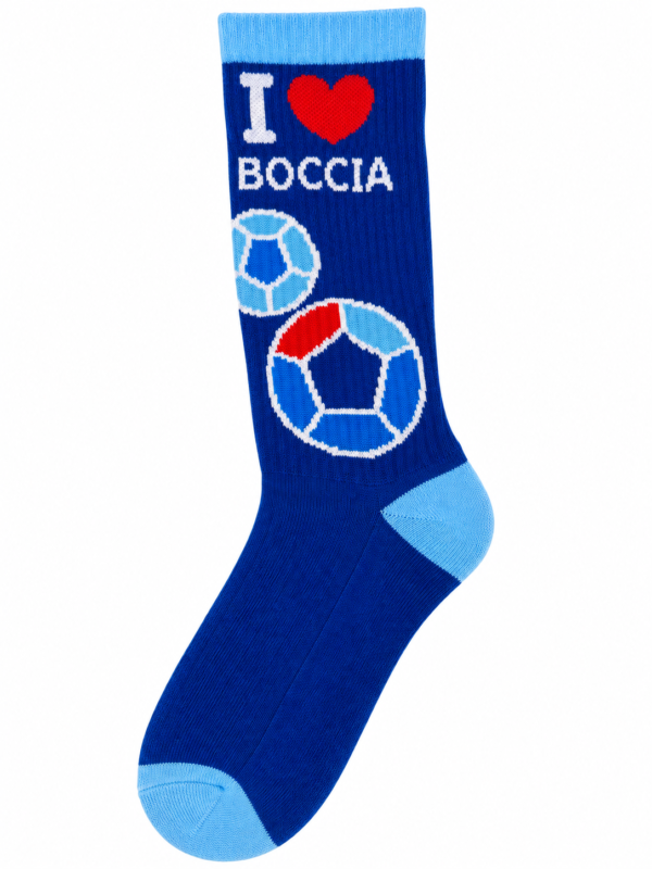 Niebieska skarpetka bawełniana I love boccia z nadrukiem piłki do boccii i serca