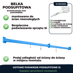Belka podsufitowa 6 m rozpięta między ścianami murowanymi, z trzema hakami