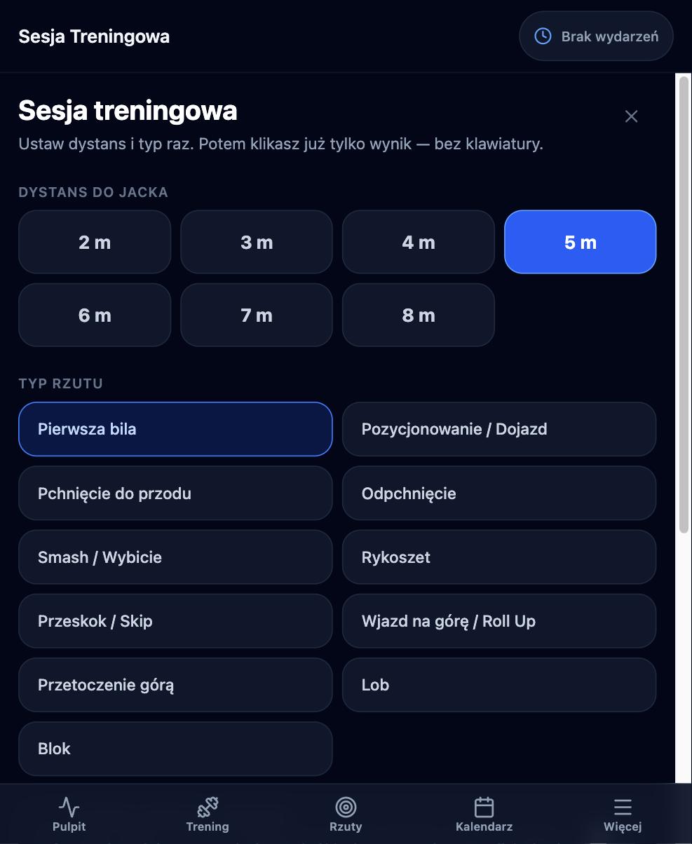 Trening bocci w aplikacji Boccia ProTrainer — sesja treningowa na telefonie: wybór dystansu do jacka od 2 do 8 metrów oraz typu rzutu — pierwsza bila, pchnięcie, smash, rykoszet, lob i blok