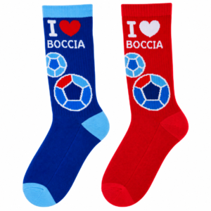 Skarpetki I love boccia – para czerwona i niebieska z nadrukiem serca i piłki do boccii