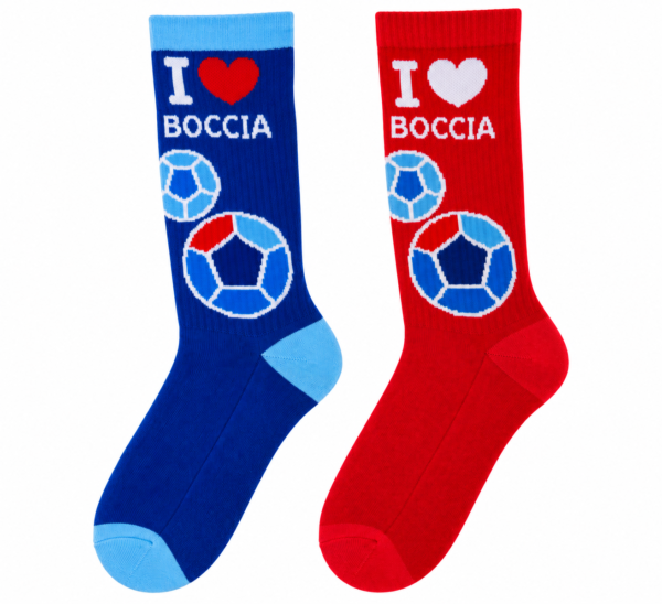 Skarpetki I love boccia – para czerwona i niebieska z nadrukiem serca i piłki do boccii