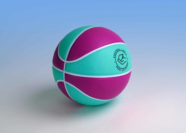 Zbliżenie na logo Handi Life Sport na piłce do koszykówki z dzwonkami rozmiar 3