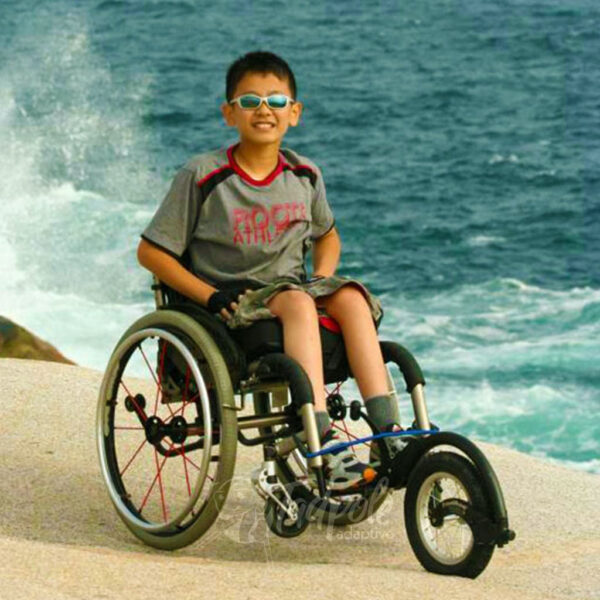 Chłopiec na wózku z FreeWheel na plaży
