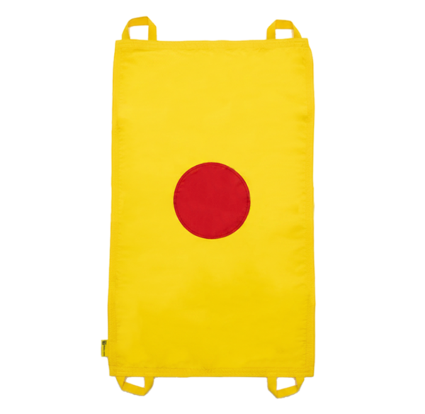 Mini chusta animacyjna 100 x 60 cm żółta z kołem czerwonym — pomoc dydaktyczna do zajęć