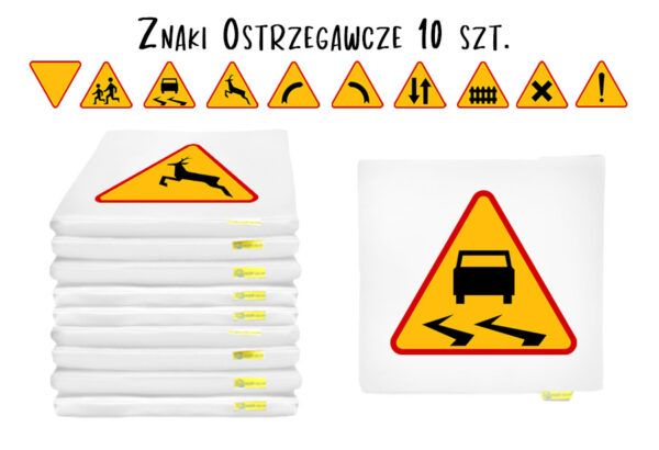 Poduszki kwadratowe ekoskóra ZNAKI drogowe OSTRZEGAWCZE 3 cm 10 szt. — pomoc dydaktyczna do zajęć