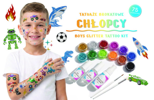 Zestaw do tatuaży brokatowych DUŻY (75 szablonów, pędzle, klej, odtłuszczacz, brokaty) wzór: CHŁOPCY — pomoc dydaktyczna do zajęć