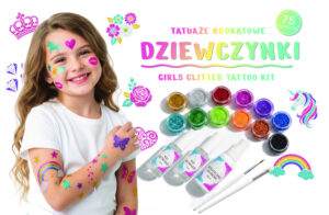 Tatuaży brokatowych zestaw do – Zestaw do tatuaży brokatowych DUŻY (75 szablonów, pędzle, klej, odtłuszczacz, brokaty) wzór: DZIEWCZYNKI