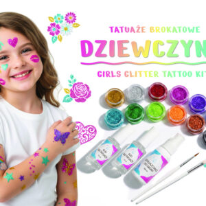 Tatuaży brokatowych zestaw do – Zestaw do tatuaży brokatowych DUŻY (75 szablonów, pędzle, klej, odtłuszczacz, brokaty) wzór: DZIEWCZYNKI