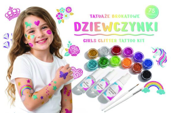 Tatuaży brokatowych zestaw do – Zestaw do tatuaży brokatowych DUŻY (75 szablonów, pędzle, klej, odtłuszczacz, brokaty) wzór: DZIEWCZYNKI