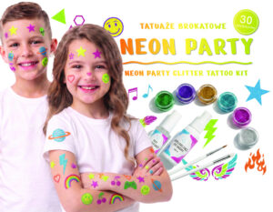 Tatuaży brokatowych – Zestaw do tatuaży brokatowych (szablony, pędzle, klej, odtłuszczacz, brokaty) wzór: NEON PARTY