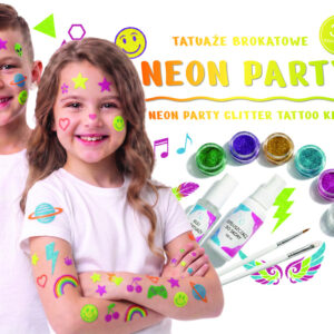 Tatuaży brokatowych – Zestaw do tatuaży brokatowych (szablony, pędzle, klej, odtłuszczacz, brokaty) wzór: NEON PARTY