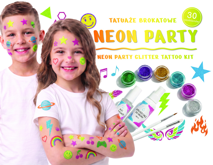 Zestaw do tatuaży brokatowych (szablony, pędzle, klej, odtłuszczacz, brokaty) wzór: NEON PARTY — pomoc dydaktyczna do zajęć
