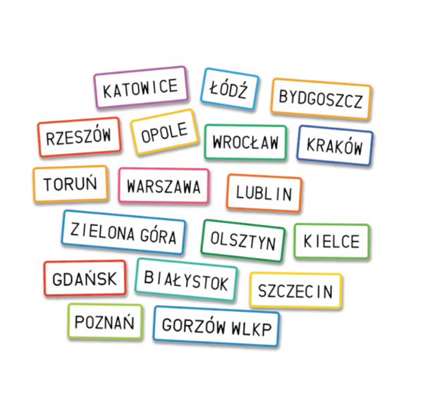 Zestaw rzepy 18 szt. nazwy miast dodatki do mapy Polski — pomoc dydaktyczna do zajęć