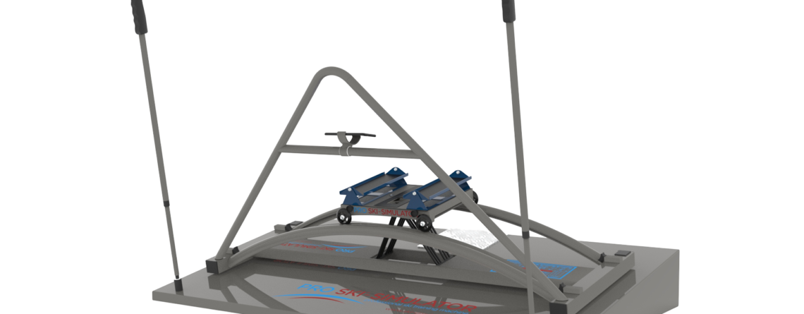 Professional Ski Simulator – pochylona platforma obrotowa z kijkami i karetką, ujęcie z boku