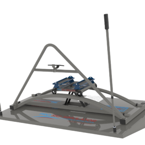 Professional Ski Simulator – pochylona platforma obrotowa z kijkami i karetką, ujęcie z boku