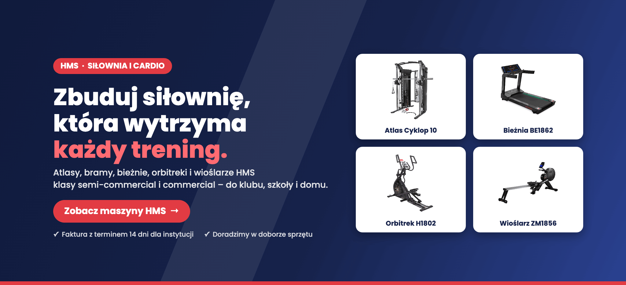 Sprzęt HMS do siłowni – atlas Cyklop 10, bieżnia BE1862, orbitrek H1802 i wioślarz ZM1856. Zbuduj siłownię, która wytrzyma każdy trening